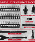 35-piece 1/2 drive impact socket with extensions, adapter, thumb wrench, ratchet bar, labeled with sizes and types