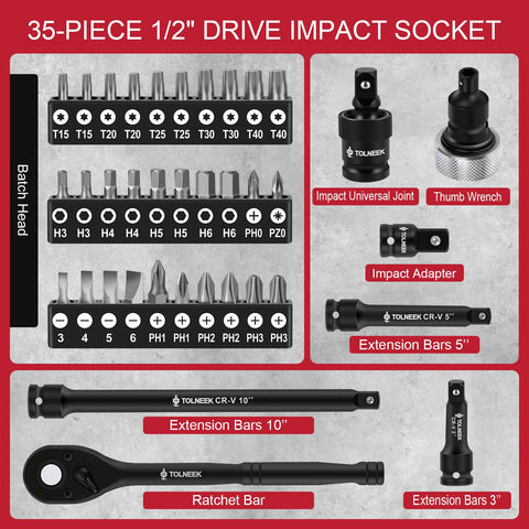 35-piece 1/2 drive impact socket with extensions, adapter, thumb wrench, ratchet bar, labeled with sizes and types