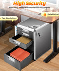 Absolute Game Changer 5 Drawer Metal Desk Organizer With Locks, Slim Desktop File Cabinet For Cable Sorting, silver grey drawers with files visible.