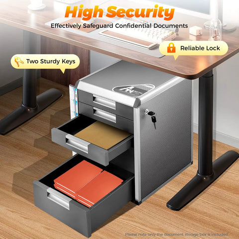 Absolute Game Changer 5 Drawer Metal Desk Organizer With Locks, Slim Desktop File Cabinet For Cable Sorting, silver grey drawers with files visible.