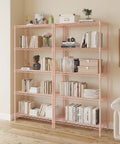 Professional Heavy Haul Five Tier Adjustable Wire Shelving Rack With Beefy Carbon Steel Frame And Drop In Leveling Feet For Kitchen Garage Pantry Setup Pink displaying books and decor in a modern setting.