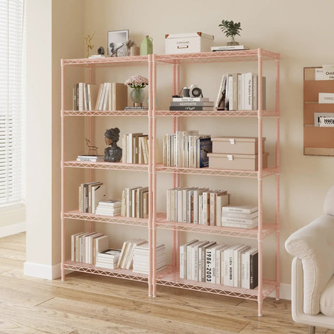 Professional Heavy Haul Five Tier Adjustable Wire Shelving Rack With Beefy Carbon Steel Frame And Drop In Leveling Feet For Kitchen Garage Pantry Setup Pink displaying books and decor in a modern setting.