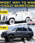 Car covered in foam above clean car after using Car Wash Foam Gun And Foam Cannon For Garden Hose Scratch Free Suds Sprayer