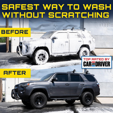 Car covered in foam above clean car after using Car Wash Foam Gun And Foam Cannon For Garden Hose Scratch Free Suds Sprayer