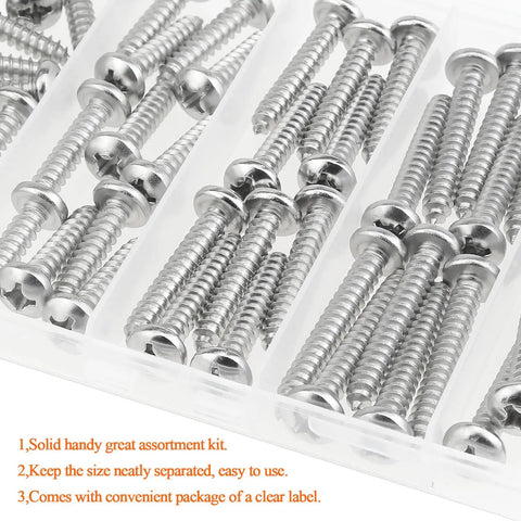 Top Shelf Size 12 Phillips Pan Head Wood Screws, Heavy Duty 304 Stainless Self Tapping Assortment Kit in clear organizer.