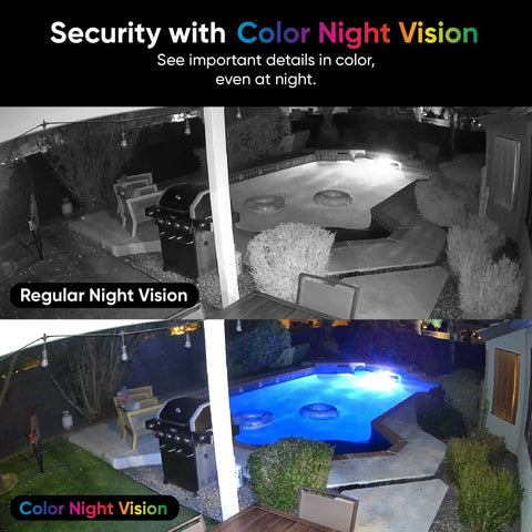 Comparison of regular and color night vision from 2.5K AI Security Camera For Indoor And Outdoor Home Surveillance No Subscriptions Required With Color Night Vision Baby Monitor And Pet Camera Free Expert Help Easy Setup.