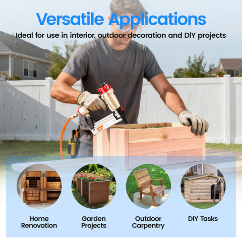 Man using 18 Gauge 2 In 1 Pneumatic Nail Gun And Narrow Crown Staple Gun for outdoor woodworking project