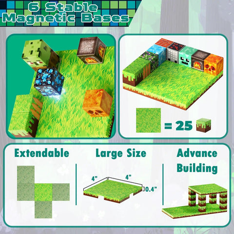 150 Piece Magnetic Blocks Set With 6 Base Plates, showing multiple block arrangements and stable magnetic base designs