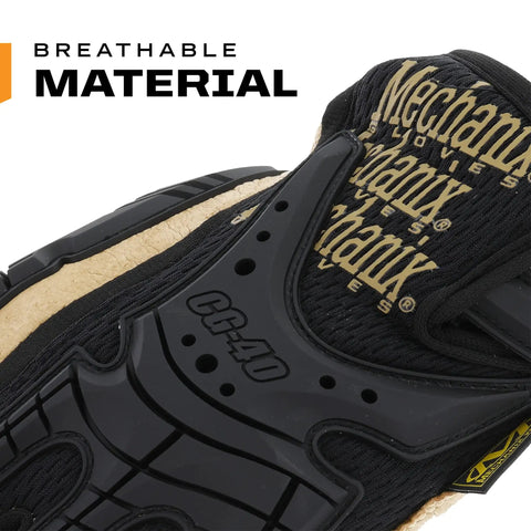 Close-up of Heavy Duty Leather Work Gloves With Hi Viz TPR Knuckle Guards, showing breathable material and branding.