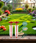 Six Piece Mini Seed Spreaders Set For Lawn And Garden, Handheld Seed Planter Tool Kit For Tiny Seeds shown in garden setting