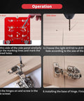 Adjustable Cabinet Hinge Jig For 35mm Drilling 45mm And 48mm Concealed Hinges Drill Guide Tool Universal Fit For Most Cabinets Four Adjustable Hole Spacings 3mm 4mm 5mm 6mm Pro Grade Precision Hardware Installation showing step-by-step use on wood panels