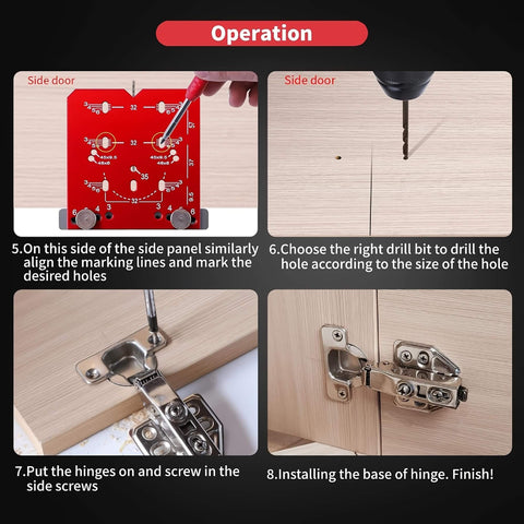 Adjustable Cabinet Hinge Jig For 35mm Drilling 45mm And 48mm Concealed Hinges Drill Guide Tool Universal Fit For Most Cabinets Four Adjustable Hole Spacings 3mm 4mm 5mm 6mm Pro Grade Precision Hardware Installation showing step-by-step use on wood panels