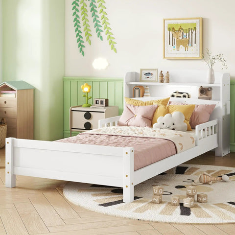 Pine Wood Bed With Bookcase Headboard And LED Motion Sensor Light White Finish Built In Guardrails Kid Friendly Sturdy Bedroom Frame