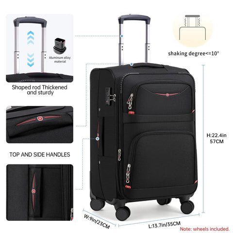 Black softside expandable carry on luggage with four spinner wheels, 21-inch suitcase expands about 20 percent for extra packing room.