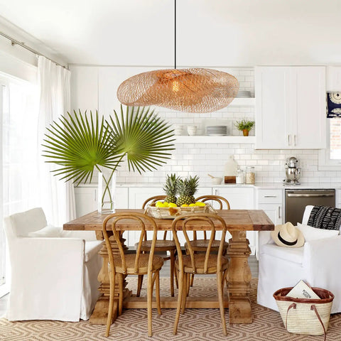 Farmhouse Bamboo Woven Pendant Light Fixture Handwoven Natural Bamboo Twisted Lampshade Boho Beachy Vibe in kitchen.