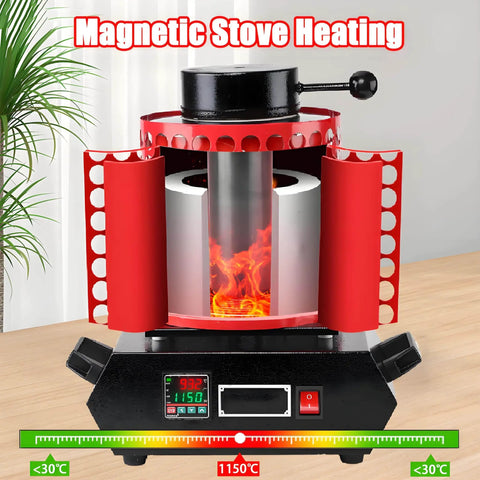 1800W Electric Gold Melting Furnace With Graphite Crucible Reaches 1100 Degrees Celsius In Minutes Built For Melting Gold Silver Copper And Aluminum Up To 1kg Fast Heating And Precise PID Control showing open front with temperature gauge
