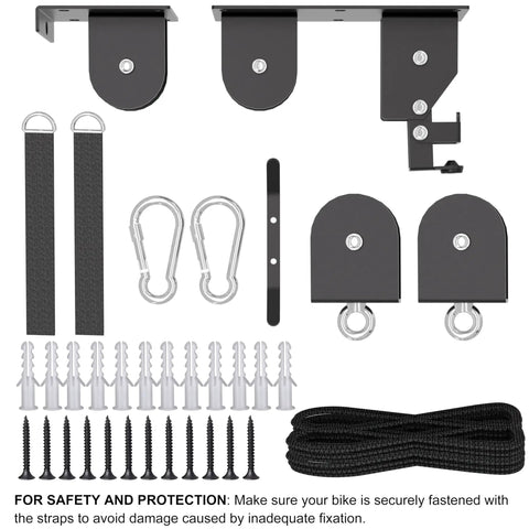 Ceiling Mount Bike Hoist With 100 Lb Capacity Overhead Storage parts including hooks, straps, screws for garage or workshop use