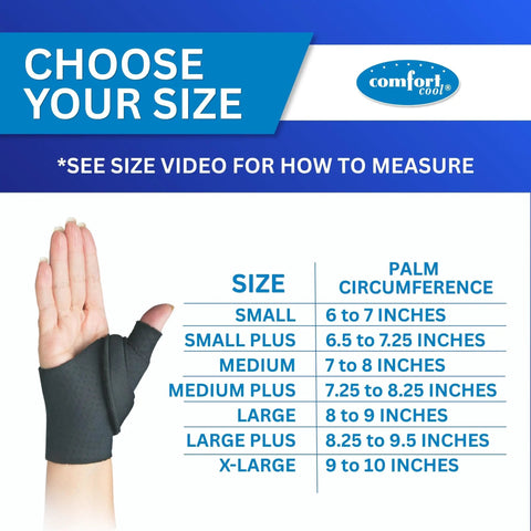 Thumb CMC Abduction Splint With Moldable Wrap And Thermoplastic Insert For Abduction Support sizing guide chart.