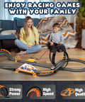 Family enjoying Ultimate Slot Car Race Track Set With Four Cars Electric Track With Slope Overpass indoors