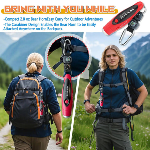 Bear Deterrent 120dB Air Horn With Compass And Thermometer For Hiking And Camping Safety Self Defense Tool on backpacks