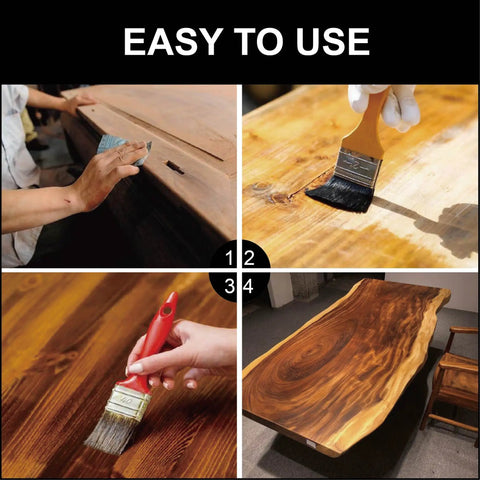 Four images of applying All Natural Pure Tung Oil For Wood Finish And Waterproofing Sealant, Pro Grade on wood surfaces