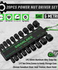 20 Piece Nut Driver Set For Impact Drill With One Quarter Inch Hex Drive SAE And Metric, black phosphate coating