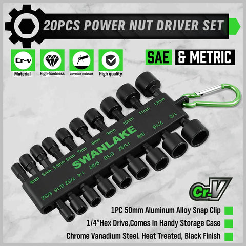 20 Piece Nut Driver Set For Impact Drill With One Quarter Inch Hex Drive SAE And Metric, black phosphate coating