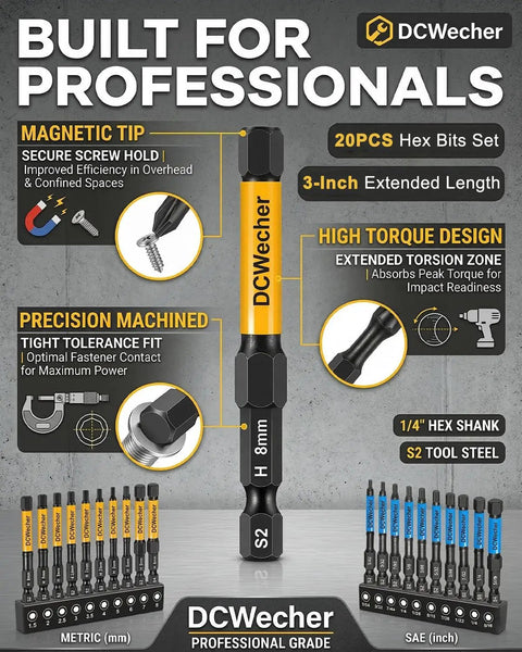 Heavy Duty Pro Grade 3 Inch Impact Hex Bit Set With 20 Pieces Metric And SAE Allen Wrenches, S2 Steel Bits Featured