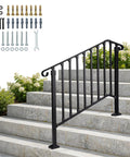 Straight Up Tough Wrought Iron Stair Handrail With Secure Balusters For Outdoor Deck And Concrete Steps Fits 3 To 4 Stairs Rust Proof Powder Coated Black Safety Railing on concrete steps with installation hardware.