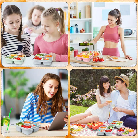 Four images showing people using Six Pack Snack Containers With Four Compartment Divided Design, Reusable Bento Box For Meal Prep.