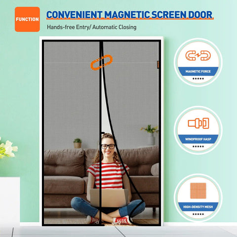 Magnetic Screen Door for 48 by 96 inch openings fits 50 by 97 inch mesh curtain with reinforced magnetic closure in black.