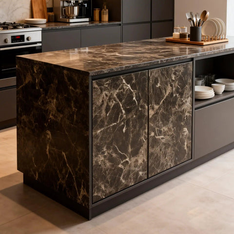 Kitchen island with Brown Marble Peel And Stick Contact Paper For Countertops And Backsplash, showcasing elegant vinyl design