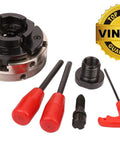 VINWOX 4-inch 4-jaw self-centering wood lathe chuck with nickel-coated body and mounting adapters, front view