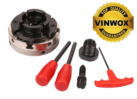VINWOX 4-inch 4-jaw self-centering wood lathe chuck with nickel-coated body and mounting adapters, front view