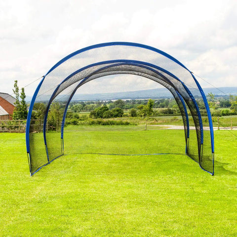 Pop Up Baseball Batting Cage With Portable Fiberglass Frame And Polyester Netting setup outdoors on grass