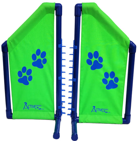 Angled Wing Jump For Dog Agility, Heavy Duty PVC Obstacle For Indoor Or Outdoor Training, bright green wings with blue paw prints