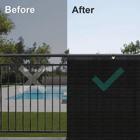 5x50 Outdoor Fence Privacy Screen with Grommets Black Wind Block Fencing Cover for Patio Garden Yard Backyard UV Protected Virgin HDPE Delivers 85 Percent Shading Custom Size showing before and after effect with increased privacy.
