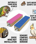 Top Shelf Solid Wood Bird Cage Perch Stand 2 Pack With Quartz Sand Coating For No Sweat Beak Grinding And Claw Filing, two colorful sanding perches.