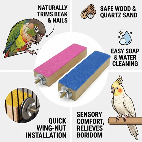 Top Shelf Solid Wood Bird Cage Perch Stand 2 Pack With Quartz Sand Coating For No Sweat Beak Grinding And Claw Filing, two colorful sanding perches.