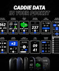 Caddie data and feature displays on Ringer Magnetic Golf GPS Handheld with touch screen and 40,000 plus preloaded courses.