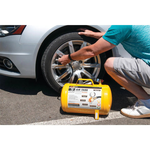 Man using Hi Viz 5 Gallon Horizontal Portable Air Tank With Tire Chuck And Gauge on car tire