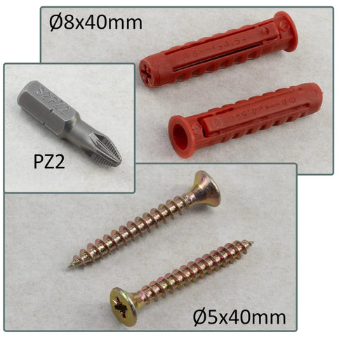 25 Dowel Fixing Kit With Nylon Collars Diameter 8x40 mm, 25 Yellow Wood Screws Diameter 5x40 mm, And PZ2 Quarter Inch Bit close-up
