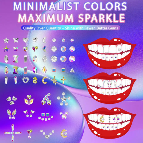 Diy Tooth Gem Kit With Safe Crystals, Teeth Gem Set For Fashionable Smiles shown with gem shapes and smiling illustrations
