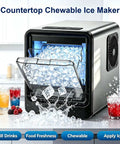 Premium Countertop Nugget Ice Maker Producing Sweet Chewable Pellets In Record Time with ice and drinks on countertop.