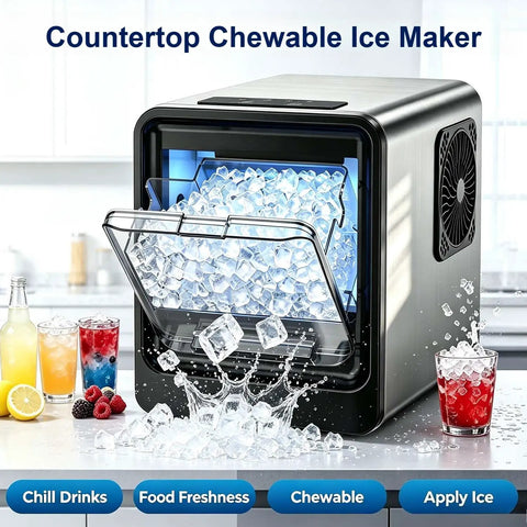 Premium Countertop Nugget Ice Maker Producing Sweet Chewable Pellets In Record Time with ice and drinks on countertop.