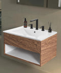 Top Tier 24 Inch Bathroom Sink Top Crafted From Heavy Duty White Ceramic With A No Fuss Three Hole Design Ideal For Fast Vanity Fixes And That Slick Modern Look Everyone Loves, mounted with wooden cabinet.