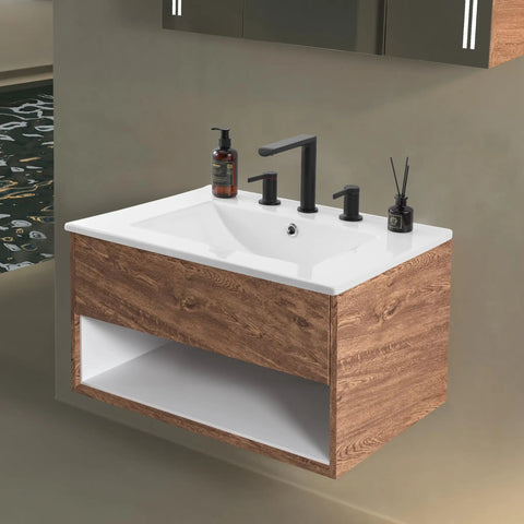 Top Tier 24 Inch Bathroom Sink Top Crafted From Heavy Duty White Ceramic With A No Fuss Three Hole Design Ideal For Fast Vanity Fixes And That Slick Modern Look Everyone Loves, mounted with wooden cabinet.