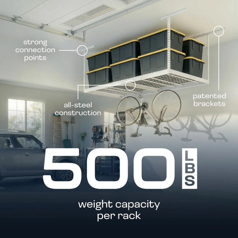 Kick Floor Space Back With This Tough As Nails 4X8 Ceiling Mounted Garage Storage Rack. Heavy Duty 500 Lb Capacity, Adjustable 24 To 45 Inch Drop Down Height, White Steel Build, Keeps Gear Stacked Safe Up Top