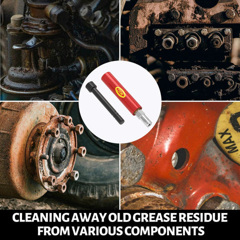 Grease fitting cleaning tool with red body and metal tip, shown among rusted automotive components.
