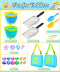 Ultimate 24 Piece Beach Toys Set For Kids Ages 3 To 10 With Metal Sand Sifter, colorful shovels, collapsible buckets, mesh bags